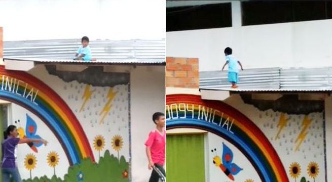 Niño se trepa al techo de calamina de su colegio y causa pánico [Video]