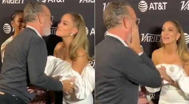 El polémico gesto de Tom Hanks al recibir un beso de Jennifer López [VIDEO]