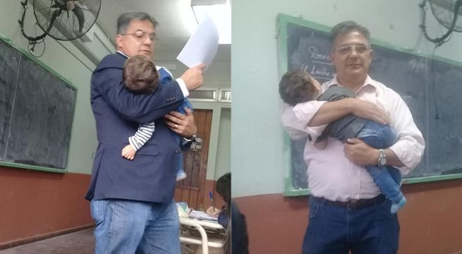Profesor dictó clases cargando al bebé de su alumna para que ella pueda tomar notas