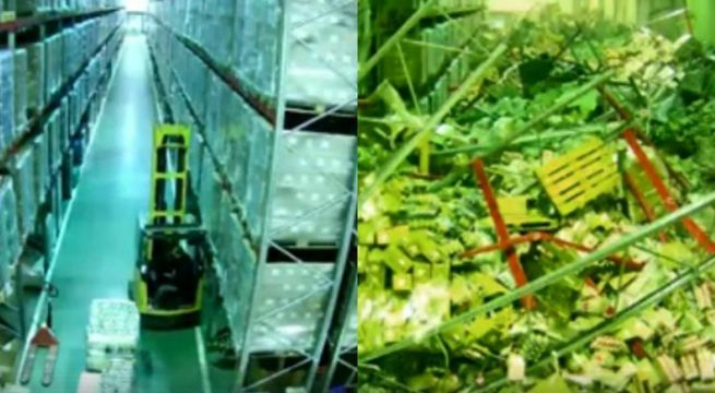 Chofer de montacargas causa el derrumbe de todo un almacén (Video)