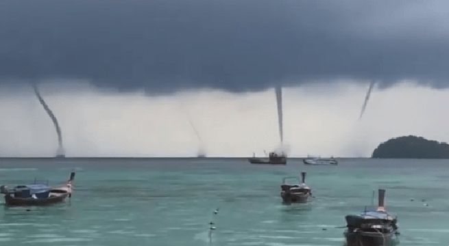 Graban fenómeno único en el mundo: cuatro trombas marinas surgen a la vez