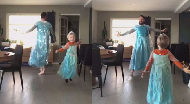 Papá e hijo se visten como la Reina Elsa de Frozen y bailan 