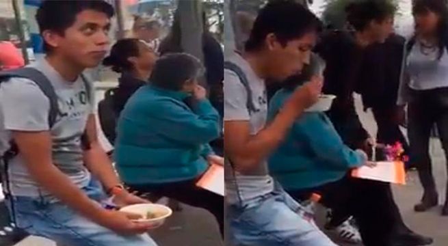 Joven come al lado de una pareja que discute y se lleva la peor parte (Video)