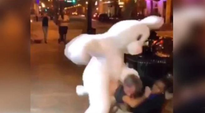 Conejo de Pascua sale en defensa de mujer que peleaba en la calle con un hombre [Video]