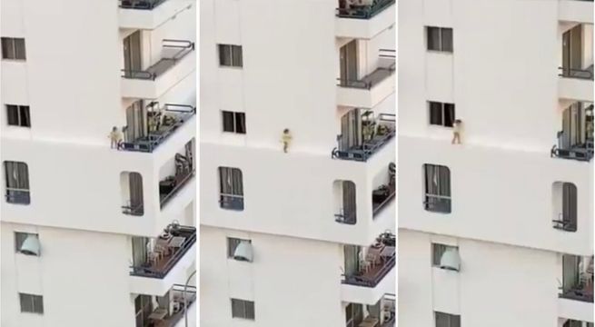 Niña corre peligrosamente por la cornisa de un edificio y causa indignación en las redes [VIDEO]