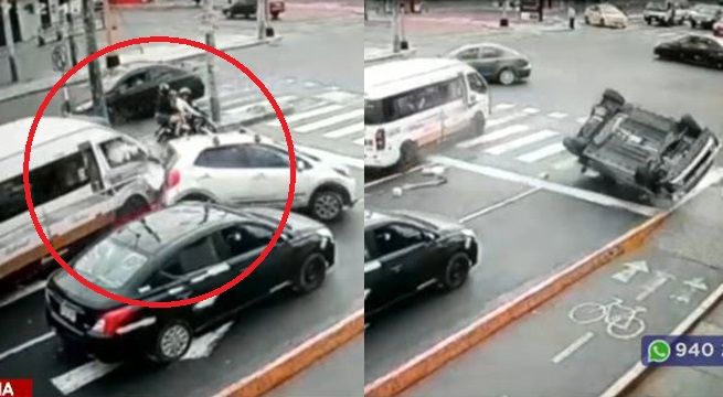 Buscan a chofer de combi que embistió y volteó auto de familia [Video]