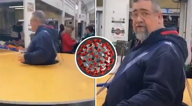 Hombre en Italia utiliza un círculo de cartón gigante para no contagiarse de coronavirus [VIDEO]