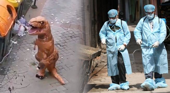 ‘Dinosaurio’ camina por España en plena cuarentena y es detenido por la policía [VIDEO]
