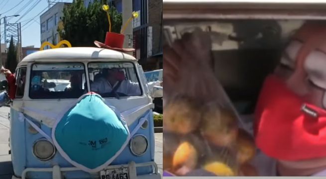 Huancayo: payasitos venden fruta en combi 'protegida' contra el COVID-19 [VIDEO]