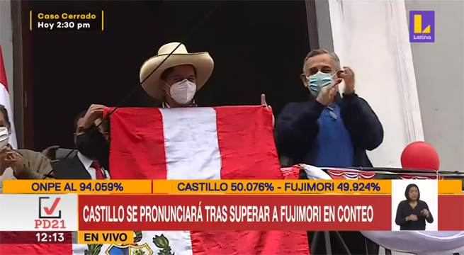 Pedro Castillo dio un “balconazo” tras superar a Keiko Fujimori en el conteo