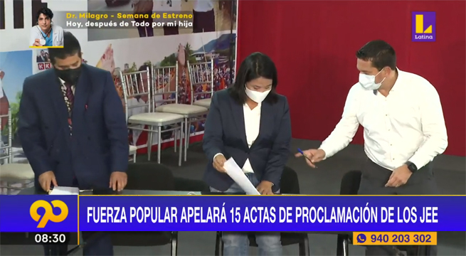 Fuerza Popular apelará 15 actas de proclamación de los JEE