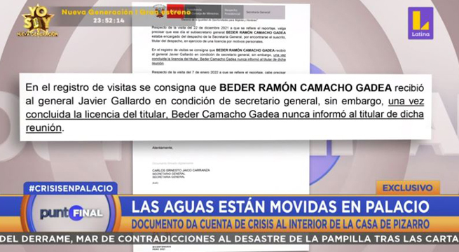 Discrepancias dentro del Despacho Presidencial por visita del excomandante general de la PNP