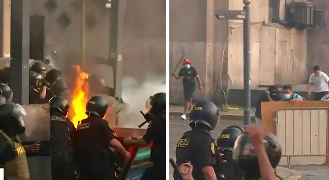 Atacan a policías con botellas, piedras, palos y hasta contenedores de basura