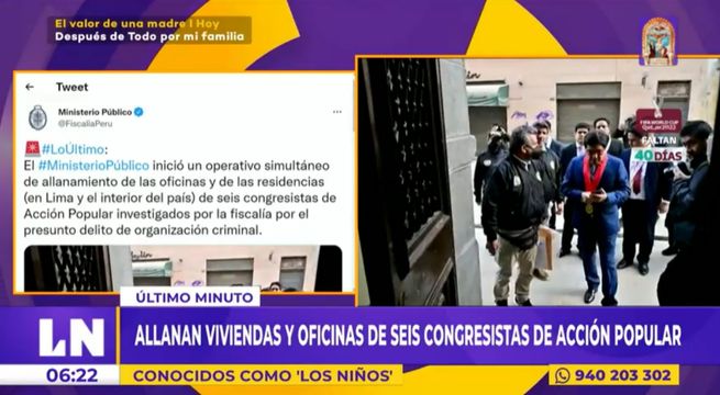 ‘Los Niños’: Fiscalía allana viviendas y oficinas de seis congresistas de Acción Popular