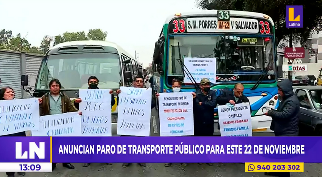 Transportistas anuncian paro en Lima y Callao para este 22 de noviembre