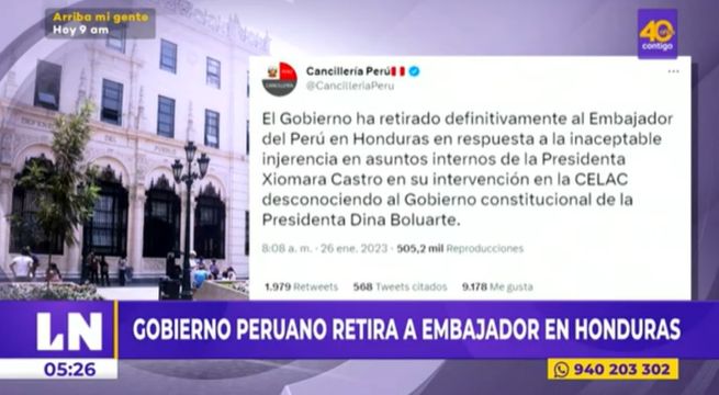 Gobierno peruano retira a embajador de Honduras tras declaraciones de la presidenta Castro