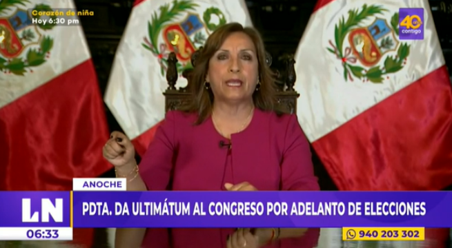 Dina Boluarte da ultimátum al Congreso por adelanto de elecciones