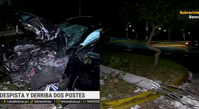 Auto quedó destrozado tras despistarse y derribar dos postes en la Costa Verde