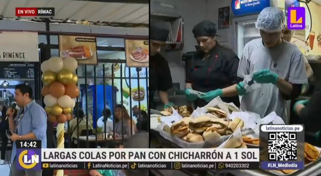 Ofrecen pan con chicharrón a un sol y forman largas colas para adquirirlo