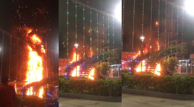 Árbol de Navidad termina incendiándose en plaza Armas | VIDEO