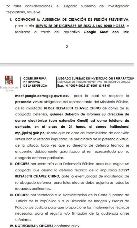 Betssy Chávez: PJ evalúa este jueves cese de su prisión preventiva por golpe de Estado
