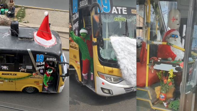 Bus recorre calles de Lima con 'Papá Noel' de chofer y un duende de cobrador | VIDEO