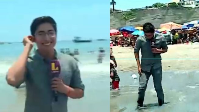 Reportero de Latina termina mojado en pleno enlace en vivo en la playa | VIDEO