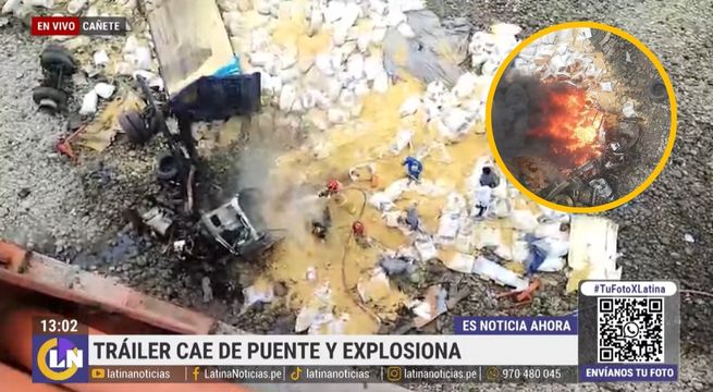 Cañete: Tráiler cae de puente, explota y chofer muere calcinado [VIDEO]