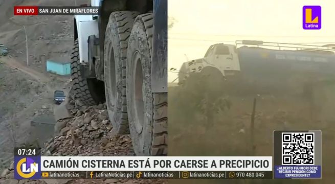 Camión cisterna termina al borde del precipicio: podría caer sobre varias casas