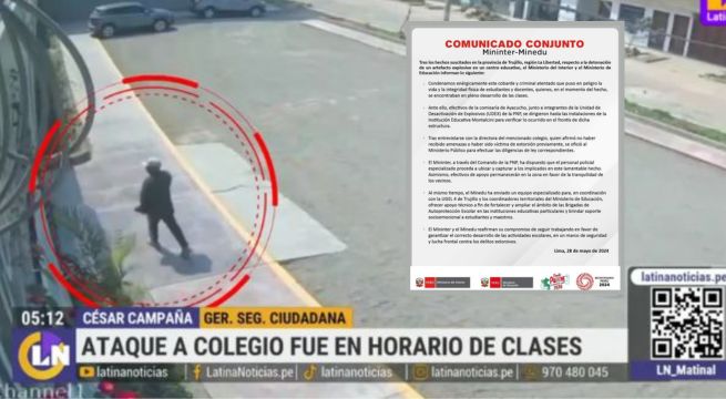 Mininter y Minedu emiten comunicado tras detonación de explosivo en puerta de colegio