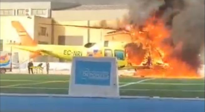 Cinco heridos deja incendio de helicóptero en campo de fútbol | VIDEO