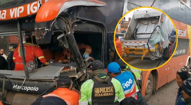 Choque entre camión de basura y bus deja a chofer atrapado entre los fierros [VIDEO]