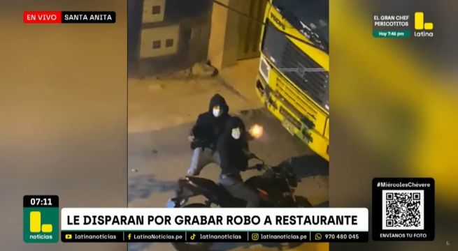 Vecino graba robo en restaurante y delincuentes le disparan