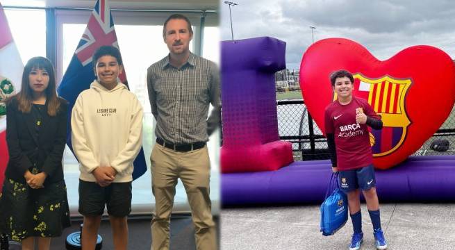 Joven talento peruano visita la embajada de Perú en Nueva Zelanda tras invitación del Barcelona