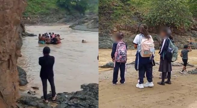 Escolares arriesgan sus vidas al cruzar quebrada con sogas y llantas | VIDEO
