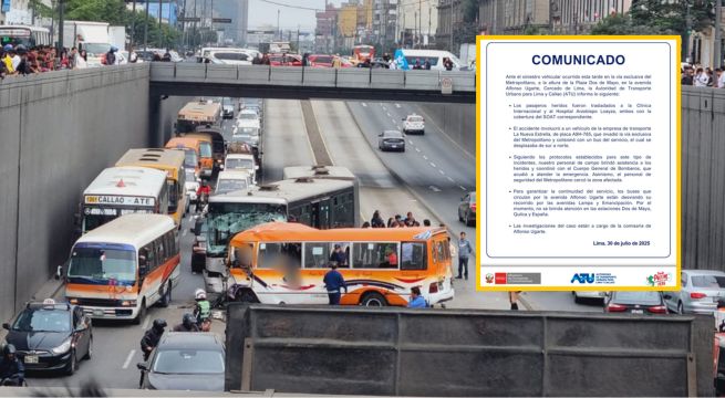 ATU se pronuncia sobre los heridos del accidente en la vía del Metropolitano