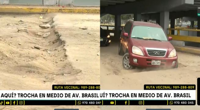 Trocha en plena av. Brasil: conductores se quedan atascados con huecos en la pista