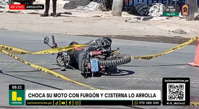 Motociclista muere tras chocar contra furgón y ser arrollado por camión cisterna