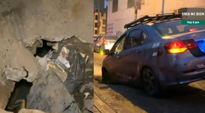 Zanja sin señalización causa accidente en el Cercado de Lima: vehículo quedó atascado