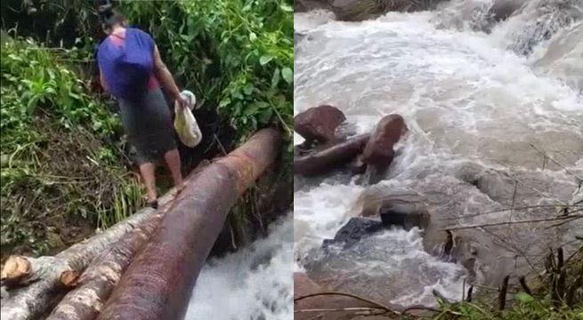 Pobladores arriesgan su vida al cruzar río caudaloso utilizando troncos de árboles