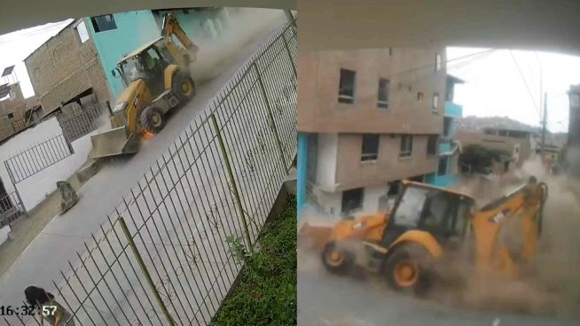 Retroexcavadora pierde el control, cae por pendiente y arrasa con todo a su paso | VIDEO