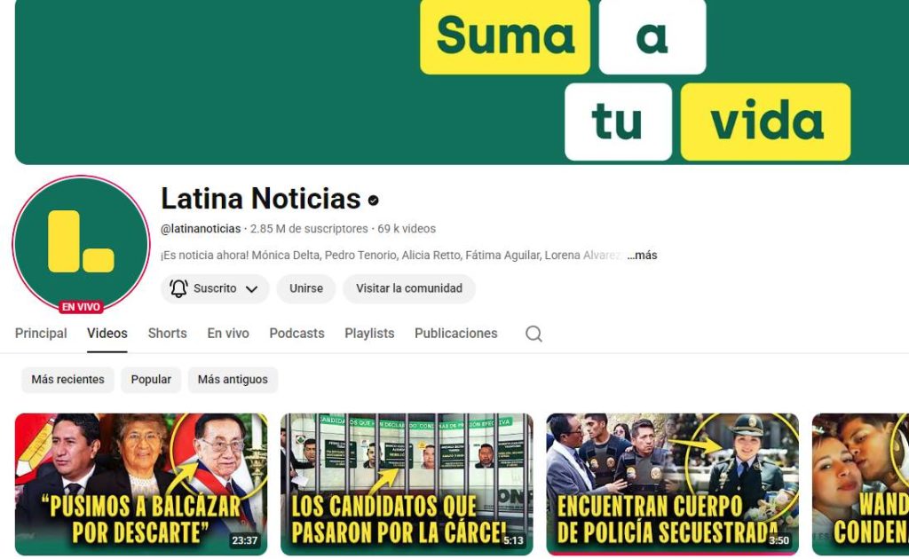 Latina Noticias encabeza lista de los 20 canales peruanos noticiosos de YouTube más vistos