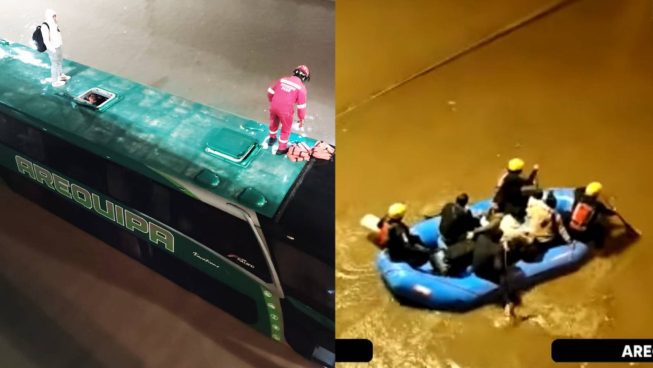 Bus queda atrapado en inundación en Arequipa: rescate de pasajeros es complicado