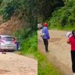 Derrumbe en Celendín: rocas caen sobre vehículo y pasajeros limpian la vía