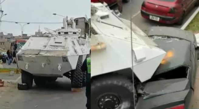 Tanqueta de la ONU pierde el control en Chorrillos y termina encima de vehículo estacionado