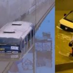 Bus queda atrapado bajo el agua en bypass de Villa María del Triunfo