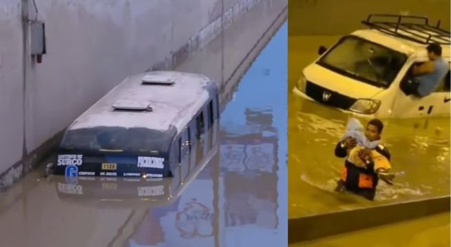 Bus queda atrapado bajo el agua en bypass de Villa María del Triunfo