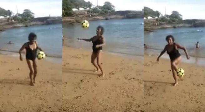 La ‘abuela de Ronaldinho’ sorprende con dominadas en la playa