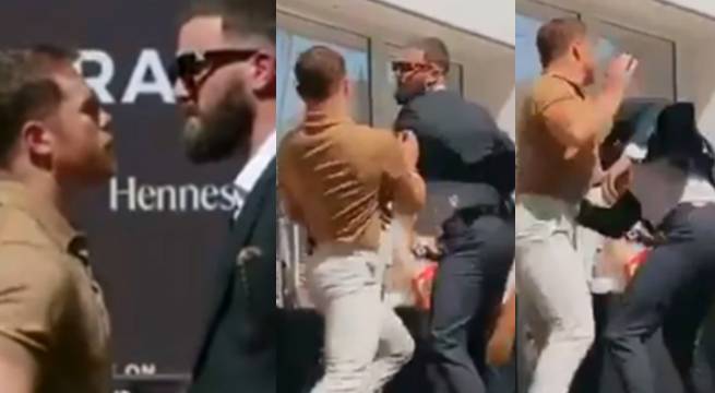 Boxeadores Canelo Álvarez y Caleb Plant se agarran a golpes en conferencia de prensa [Video]