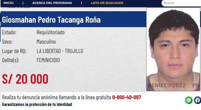 Ministerio del Interior ofrece S/ 20 000 por Pedro Tacanga